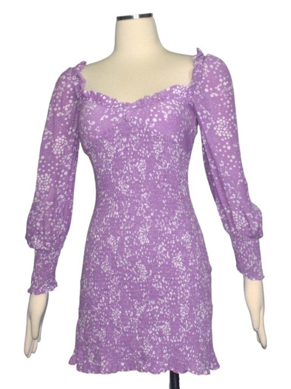 Faithfull the Brand Gombardy Mini Smocked Stretch Dress Lavender Floral 2 XS